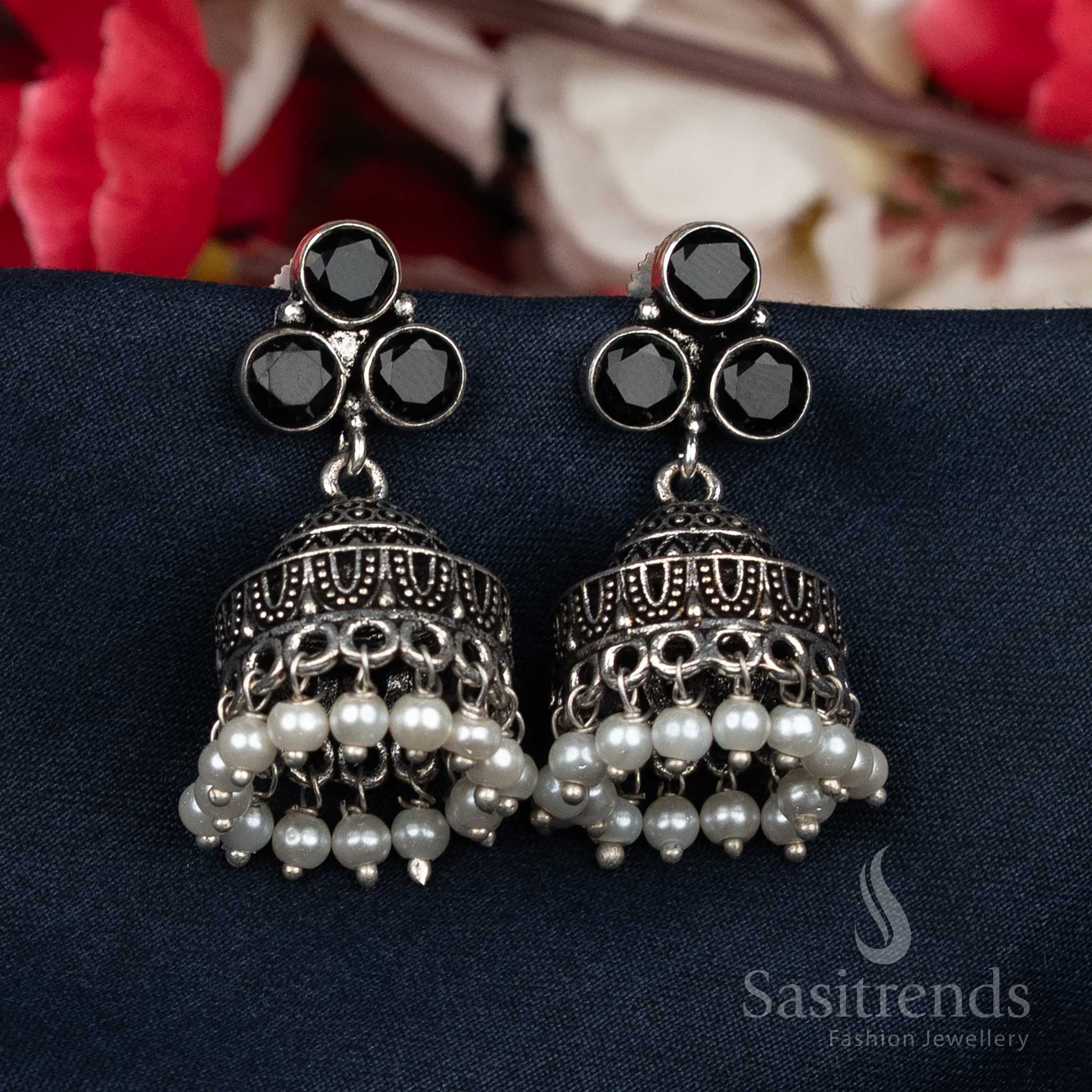 Classic oxidised black Jhumka earrings with fine pearl bead clusters and sparkling stone studs – timeless artisan jewellery for graceful and confident women – Sasitrends