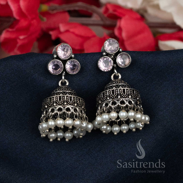 Oxidised Pearl Bead Cluster Jhumka Earrings with Sparkling Studs For Office Wear - Sasitrends