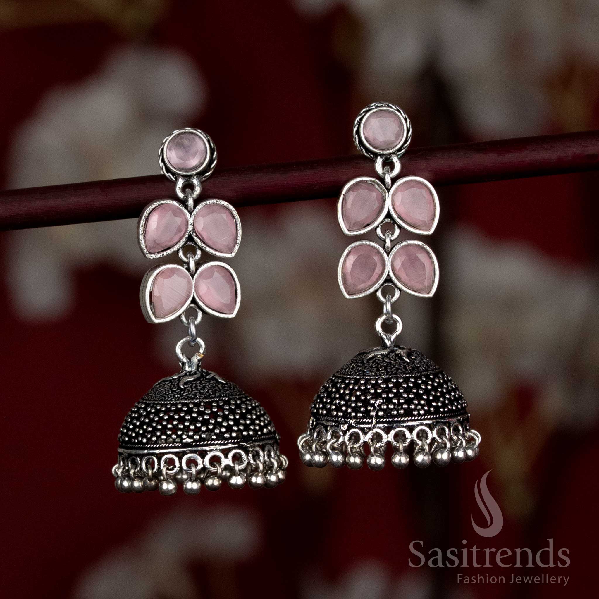 Chic oxidised jhumka earrings in pink with detailed floral cluster – a graceful pair for Navaratri food stalls, rangoli making, and social festivities – Sasitrends