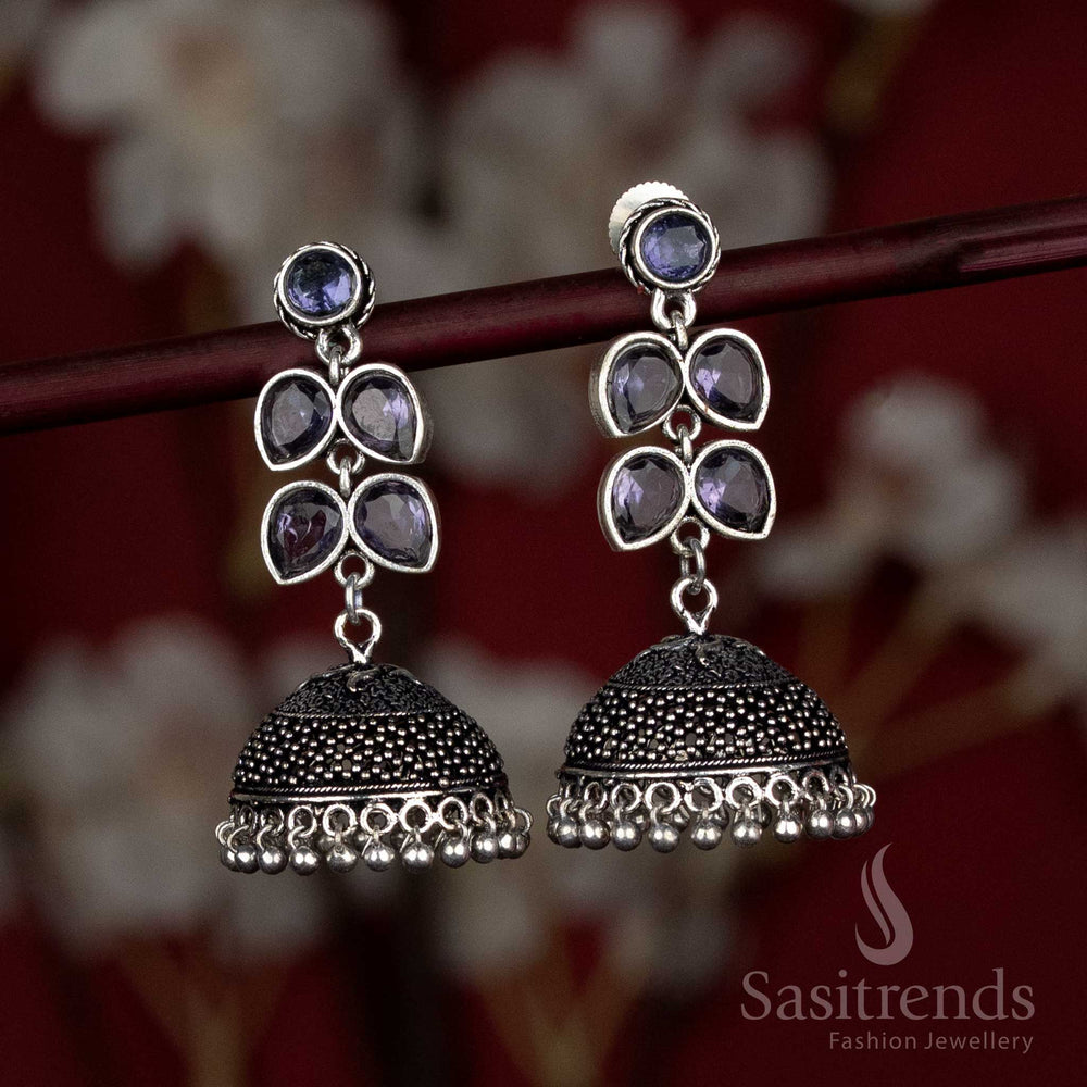 Majestic purple oxidised dome earrings with blooming floral tops – ideal for Navaratri garland rituals, music nights, and decorative indoor events – Sasitrends