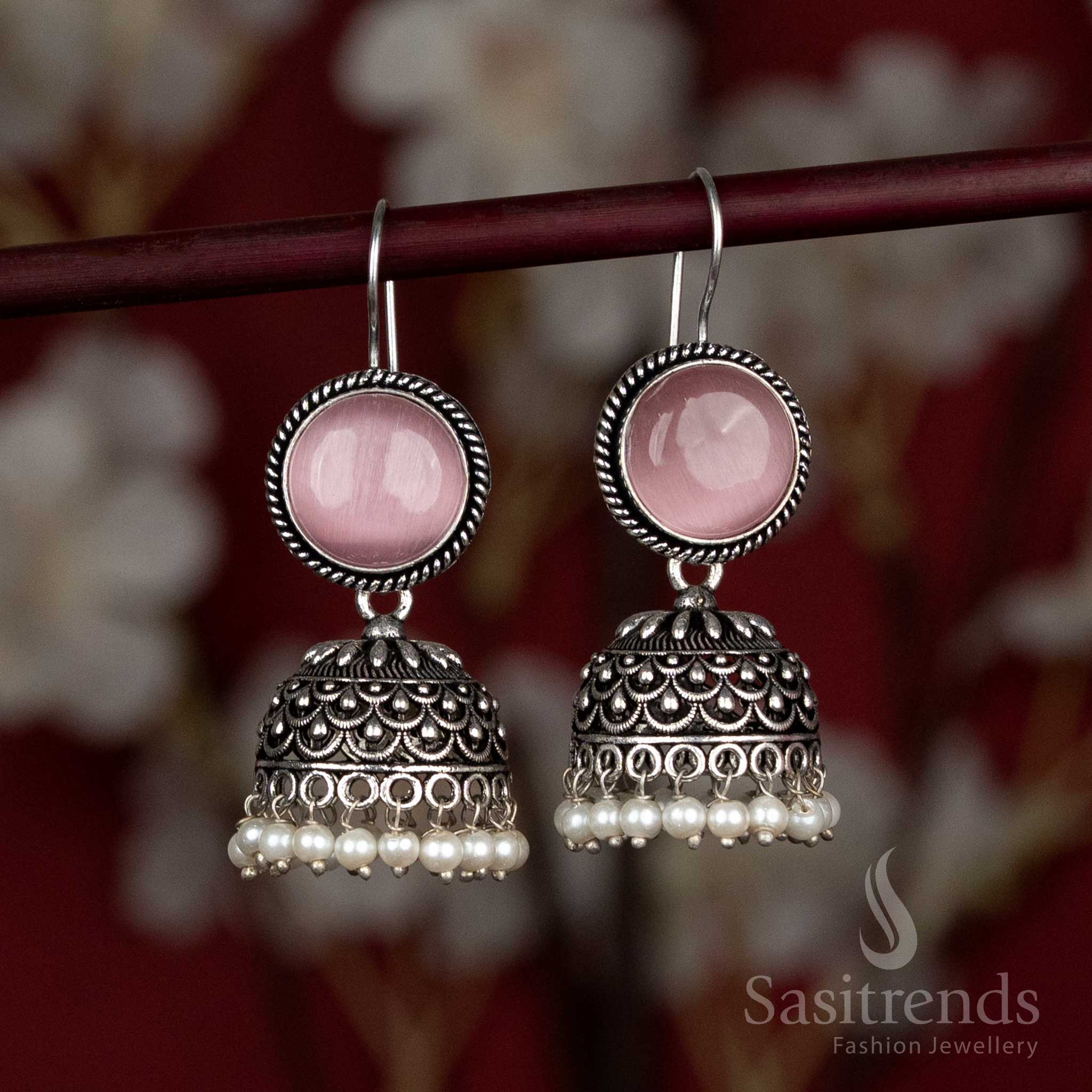 Charming pink oxidised pearl jhumkas with stone top – crafted for Navaratri mehendi evenings, kurti sets, and festive colour themes – Sasitrends