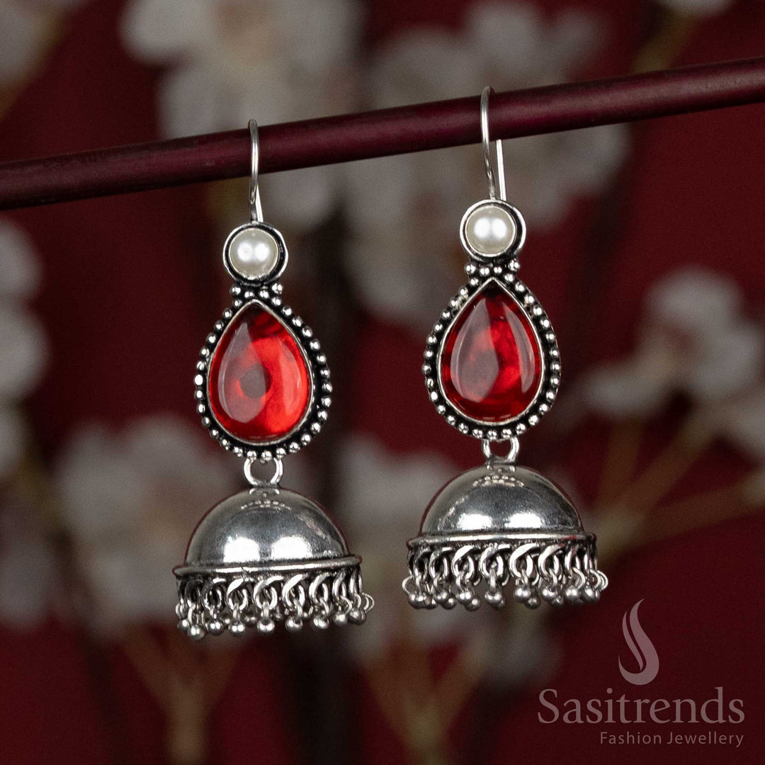Crimson red dome-style oxidised earrings with teardrop stone drop – ideal for Navaratri festive dressing, dandiya evenings, and joyful puja circles – Sasitrends