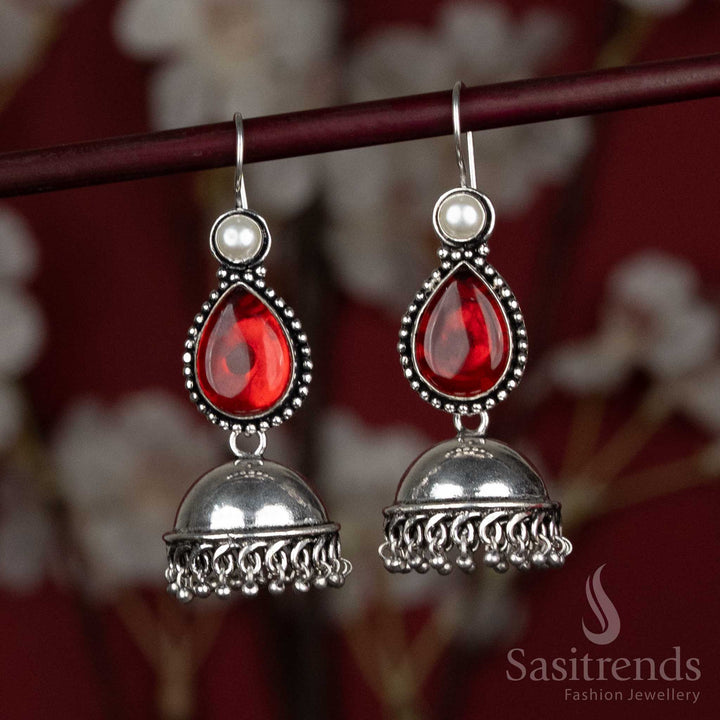 Oxidised Jhumka Earrings with Dome and Teardrop Natural Stone Design - Sasitrends