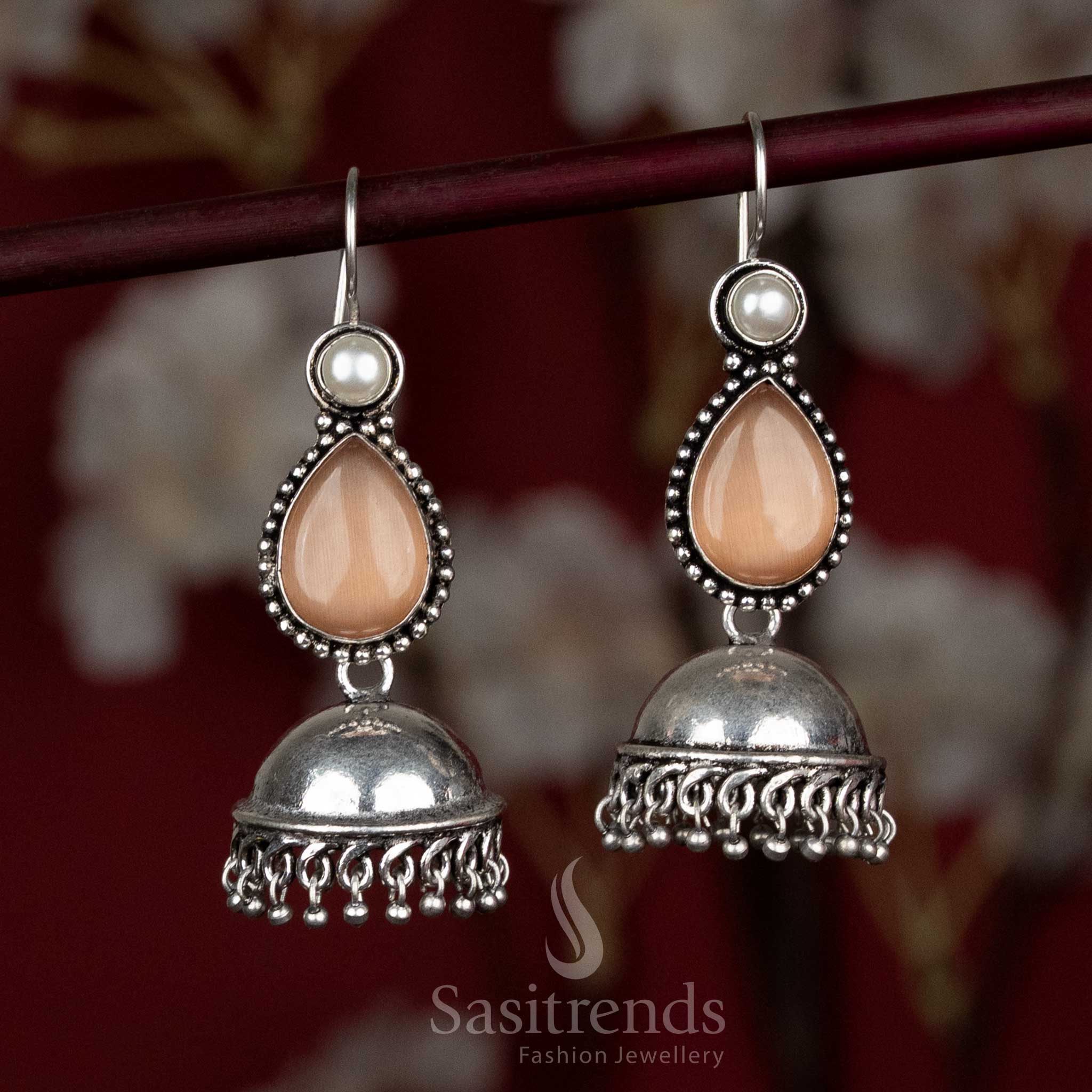 Rustic brown oxidised dome jhumka earrings with stone finish – a glowing pair for Navaratri bonfire gatherings and embroidered dupattas – Sasitrends