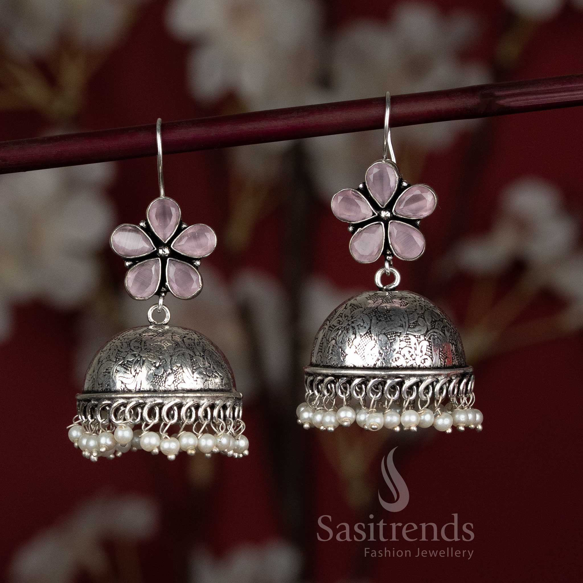 Delicate pink oxidised earrings with pearl detailing and floral stone top – a sweet choice for Navaratri mehendi functions and layered kurtas – Sasitrends