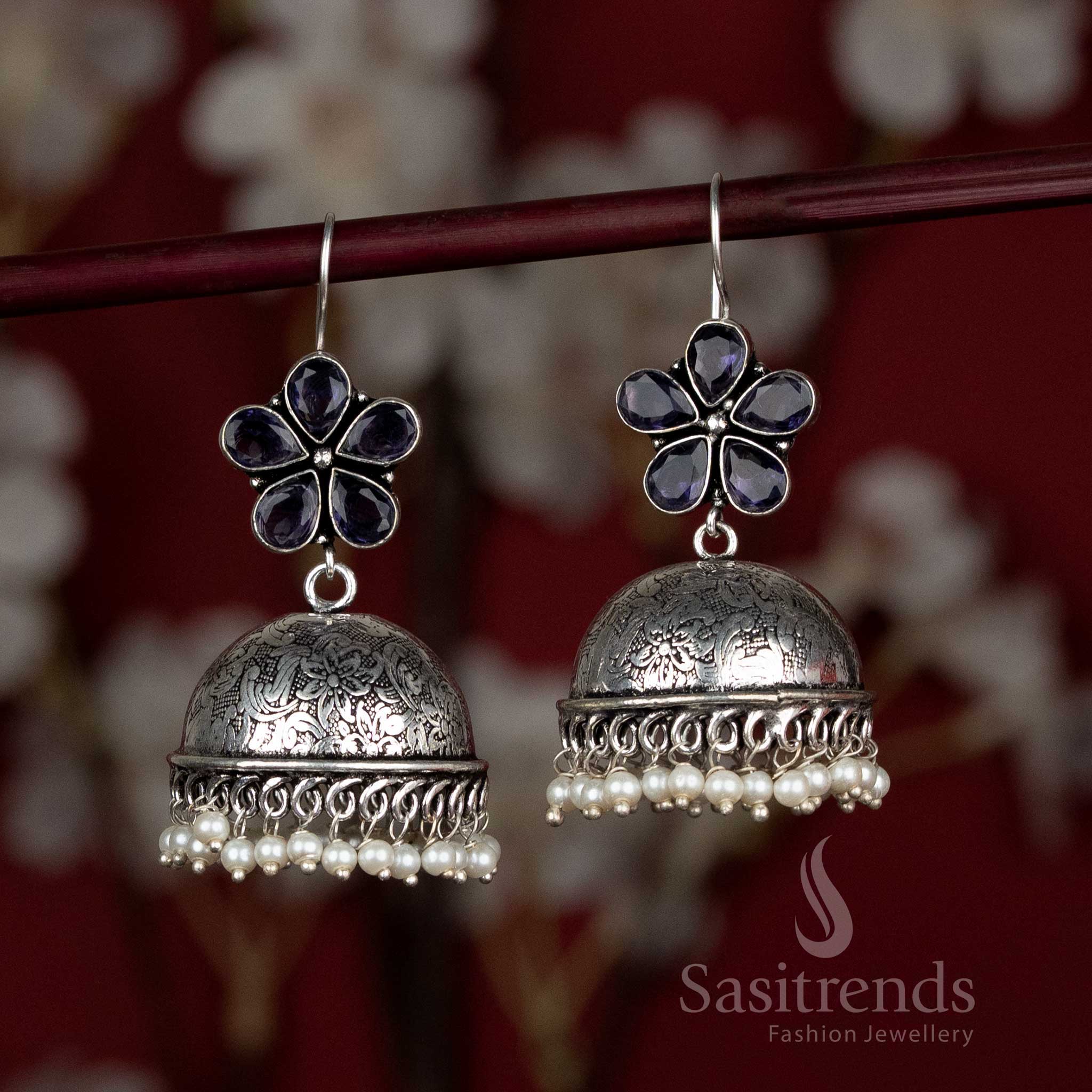 Majestic purple oxidised earrings with dome drop, floral stone centre, and pearl fringe – suited for elegant Navaratri evening ceremonies – Sasitrends