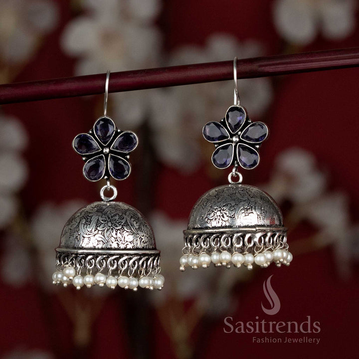 Majestic purple oxidised earrings with dome drop, floral stone centre, and pearl fringe – suited for elegant Navaratri evening ceremonies – Sasitrends