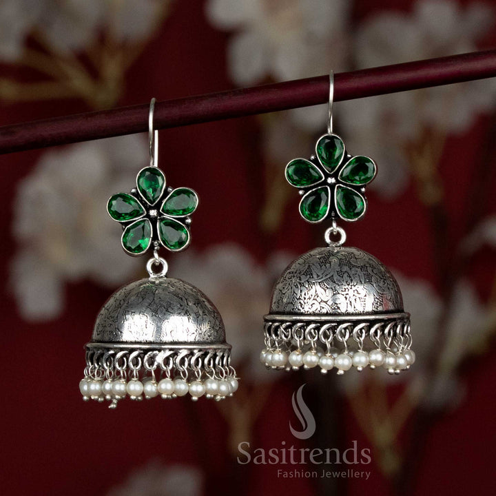 Radiant green oxidised dome jhumka earrings with teardrop floral top and pearl accents – perfect for Navaratri lehenga gatherings and folk festivities – Sasitrends