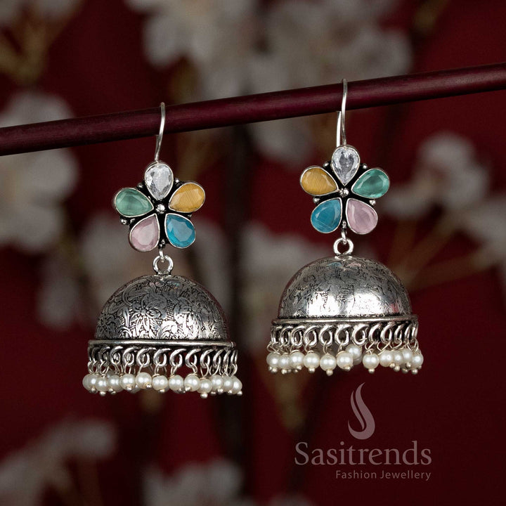 Oxidised Dome Jhumka Earrings with Floral Stone Top and Pearl Beads - Sasitrends