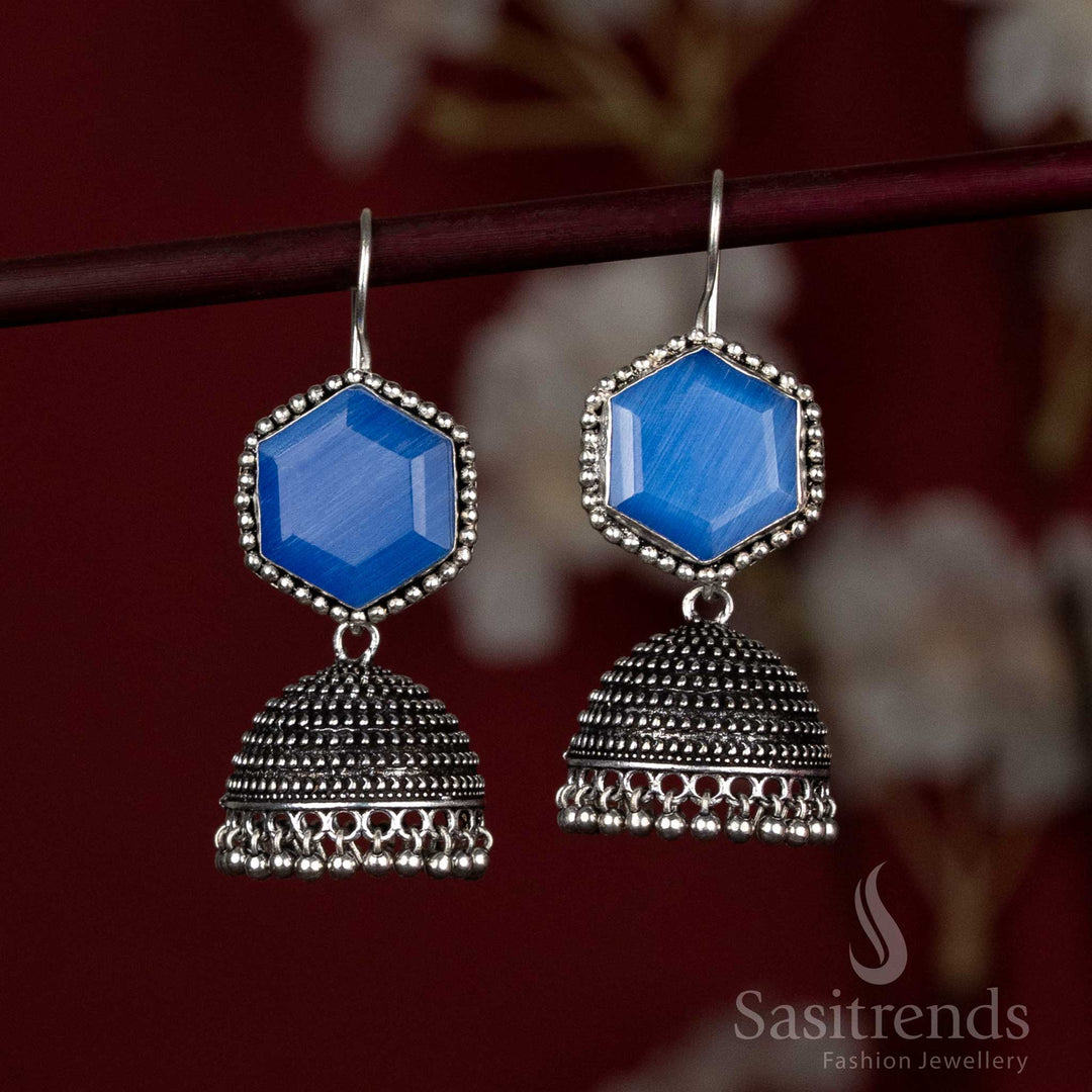 Oxidised hexagon stud jhumka earrings with ghungroo beads - Sasitrends