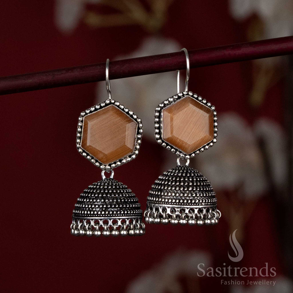 Oxidised hexagon stud jhumka earrings with ghungroo beads - Sasitrends