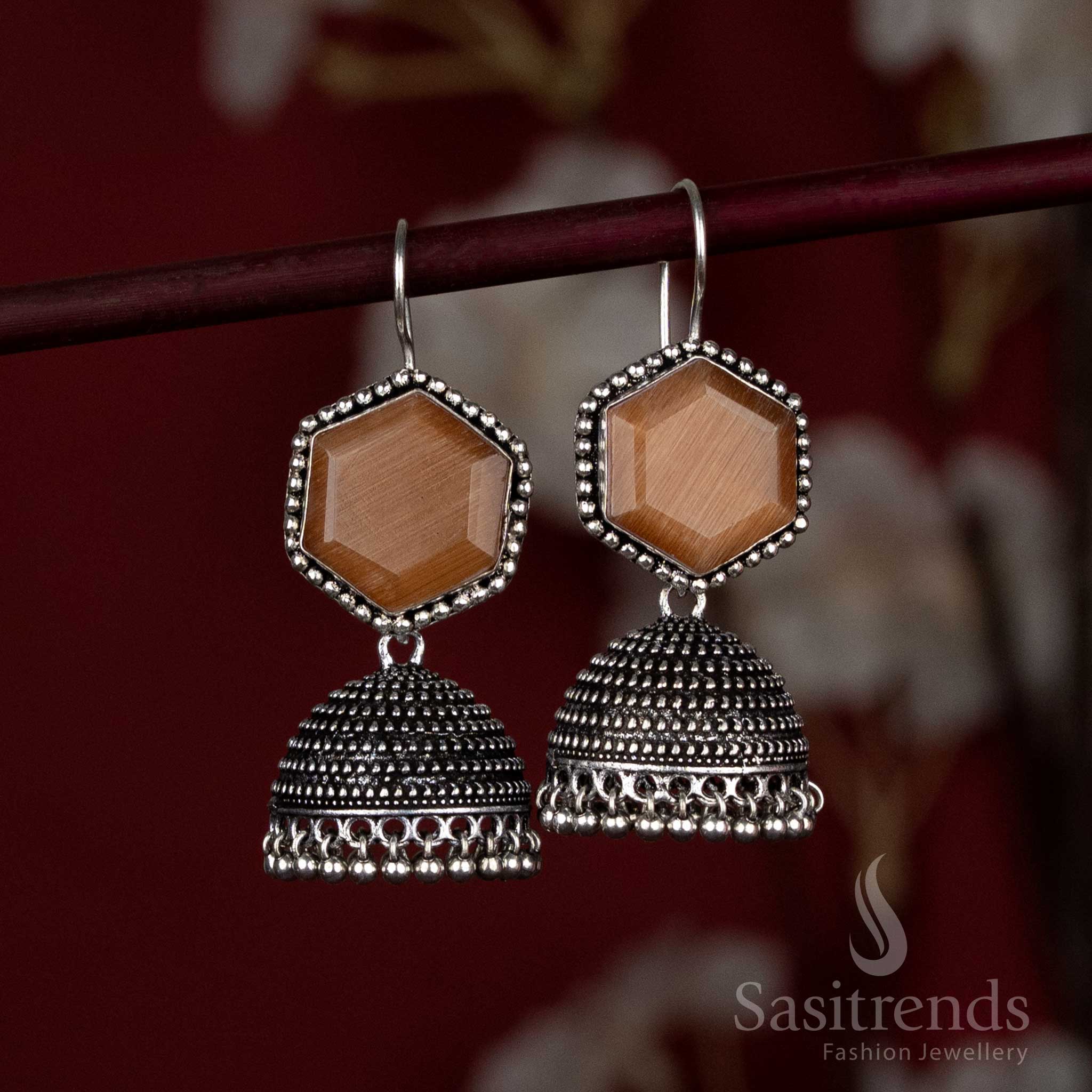 Oxidised hexagon stud jhumka earrings with ghungroo beads - Sasitrends