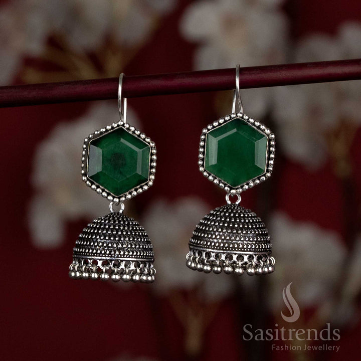 Oxidised hexagon stud jhumka earrings with ghungroo beads - Sasitrends