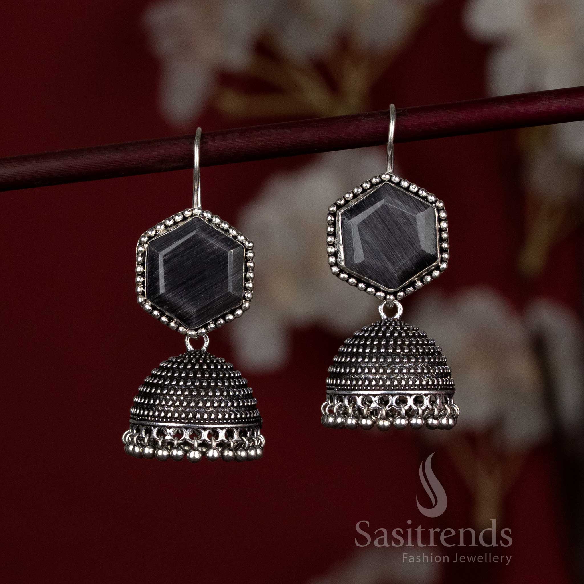 Oxidised hexagon stud jhumka earrings with ghungroo beads - Sasitrends