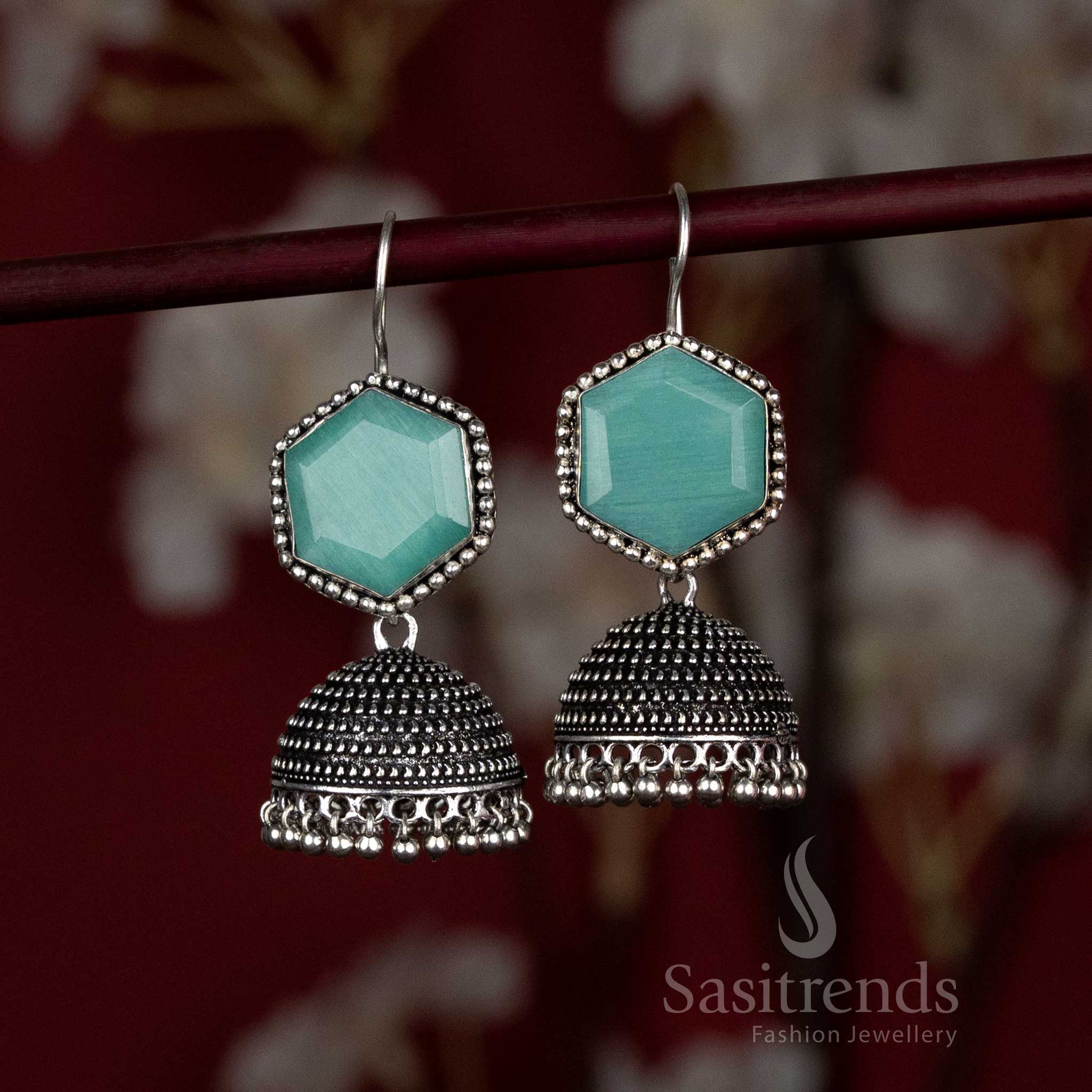 Antique-style oxidised earrings with dome and silver hangings - Sasitrends