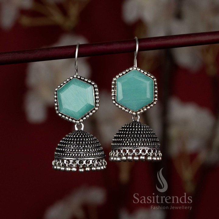 Antique-style oxidised earrings with dome and silver hangings - Sasitrends