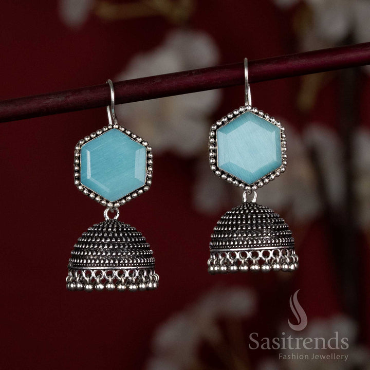 Antique-style oxidised earrings with dome and silver hangings - Sasitrends