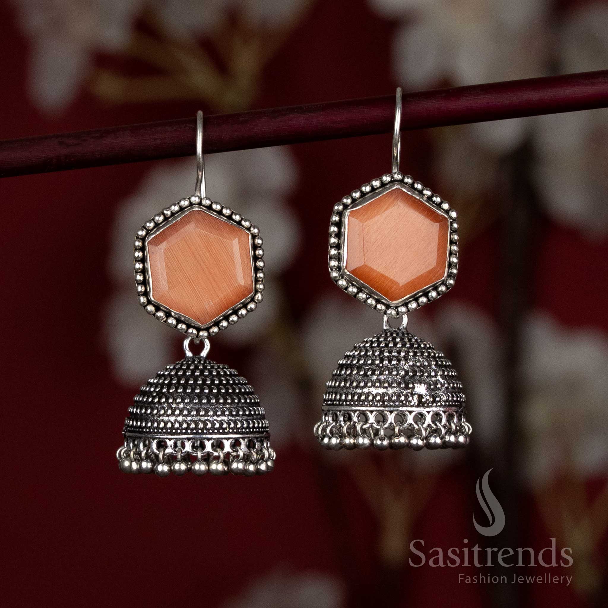 Antique-style oxidised earrings with dome and silver hangings - Sasitrends