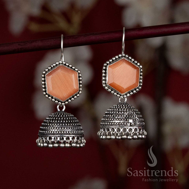 Antique-style oxidised earrings with dome and silver hangings - Sasitrends