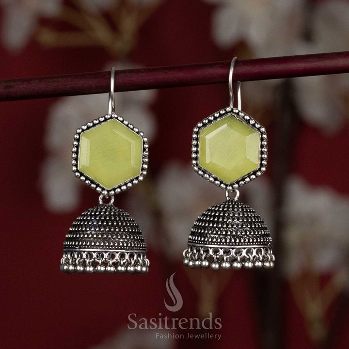 Statement oxidised jhumkas with hexagon top and beaded dome - Sasitrends