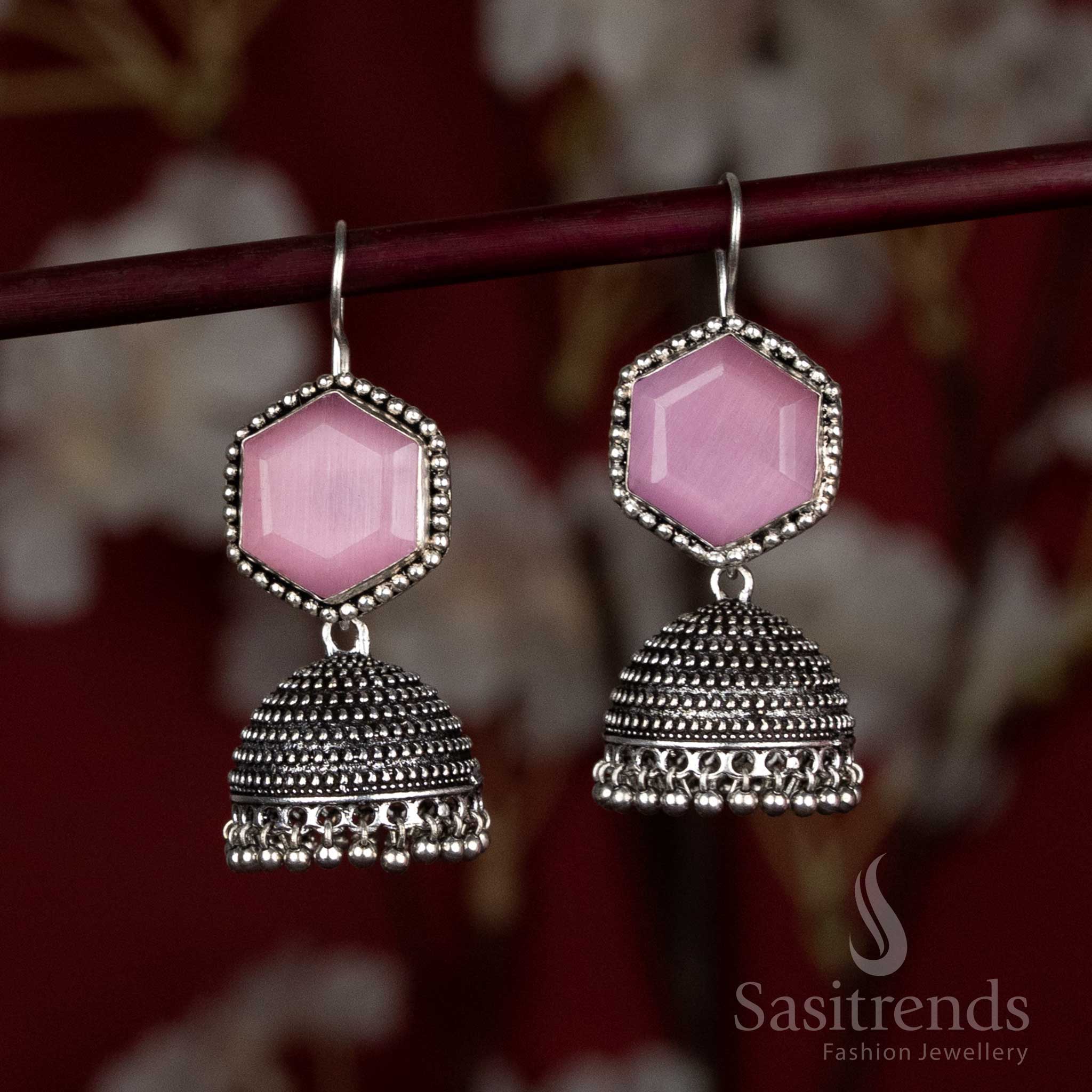 Oxidised hexagon stud jhumka earrings with ghungroo beads - Sasitrends