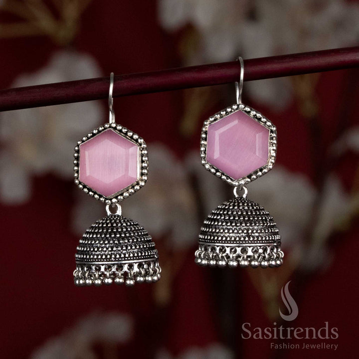 Oxidised hexagon stud jhumka earrings with ghungroo beads - Sasitrends