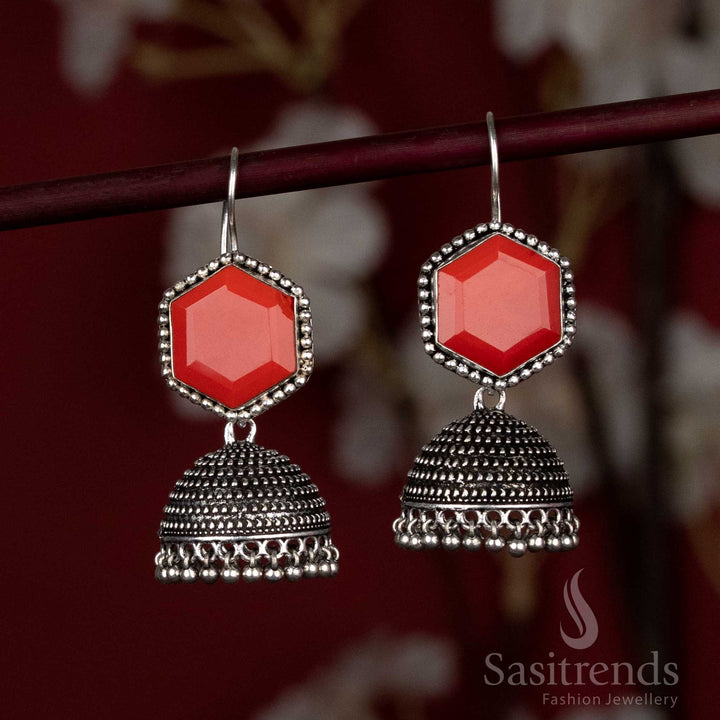 Oxidised hexagon stud jhumka earrings with ghungroo beads - Sasitrends