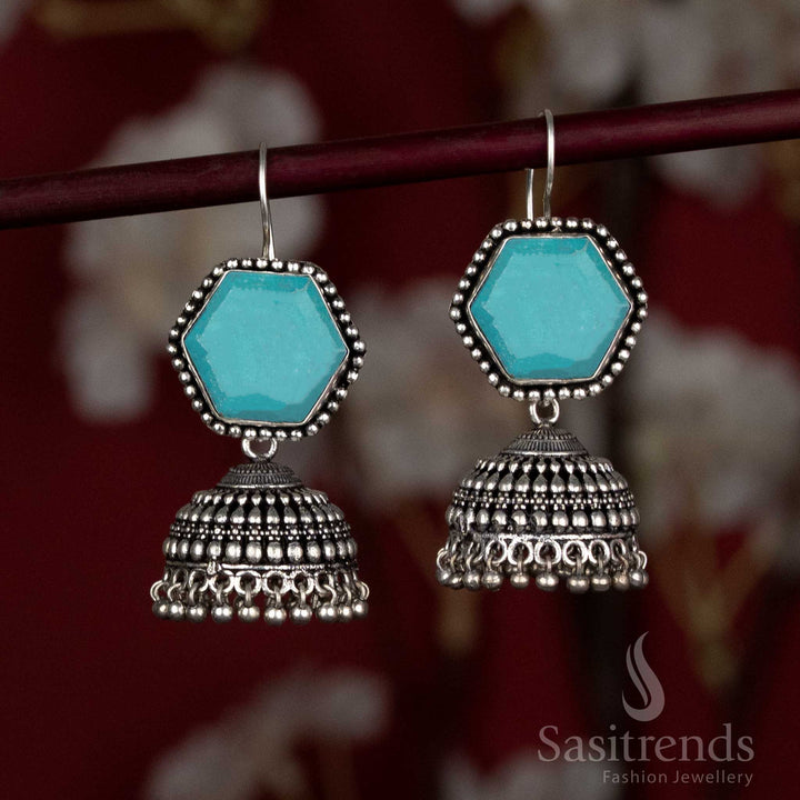Statement oxidised jhumkas with hexagon top and beaded dome - Sasitrends