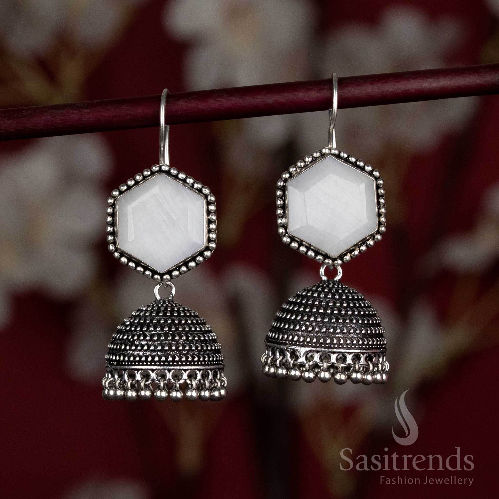 Statement oxidised jhumkas with hexagon top and beaded dome - Sasitrends