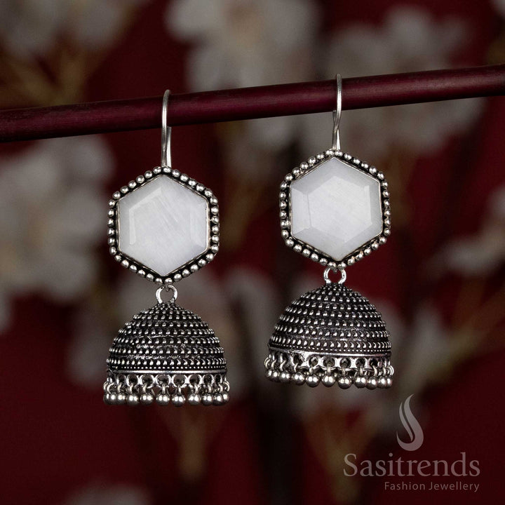 Statement oxidised jhumkas with hexagon top and beaded dome - Sasitrends