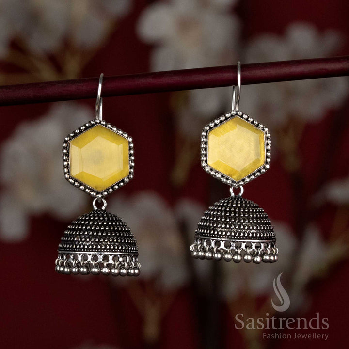 Statement oxidised jhumkas with hexagon top and beaded dome - Sasitrends