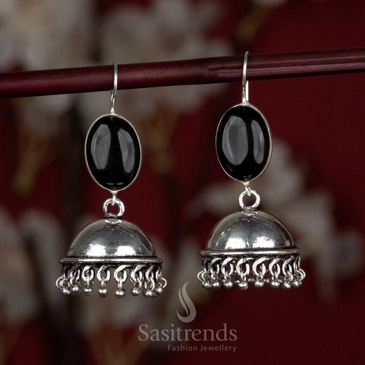 Bold black oxidised jhumkas with oval stone highlight and silver bead accents – perfect for Navaratri nights or contemporary kurti sets – Sasitrends