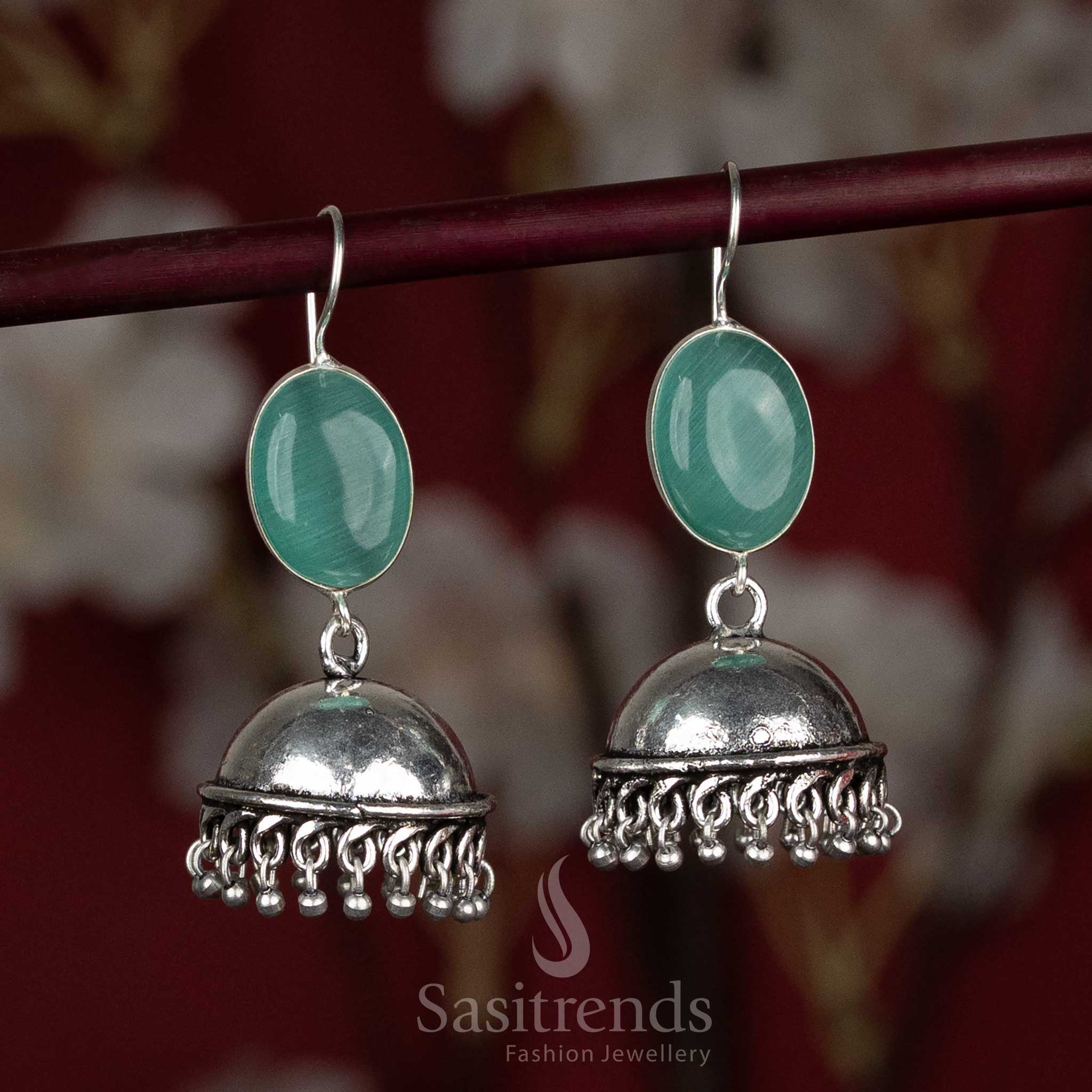 Fresh mint green oxidised earrings with oval centrepiece and silver bead drops – ideal for Indo-Western or casual college outfits – Sasitrends