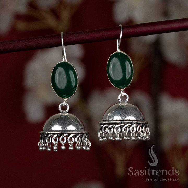 Oxidised Jhumka Earrings with Oval Stone & Hanging Silver Beads - Sasitrends