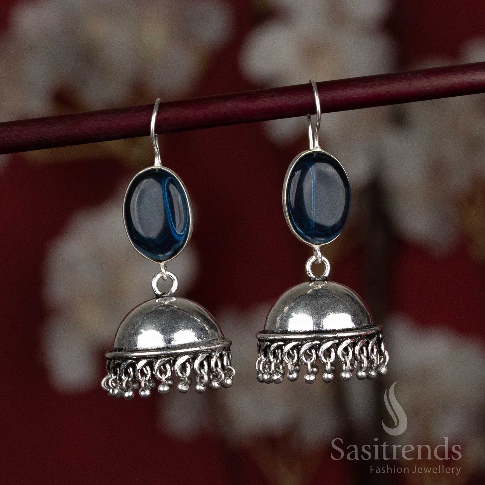Royal blue oxidised dome earrings with a bold oval stone centre and silver bead fringes – perfect for ethnic wear parties and Navaratri functions – Sasitrends