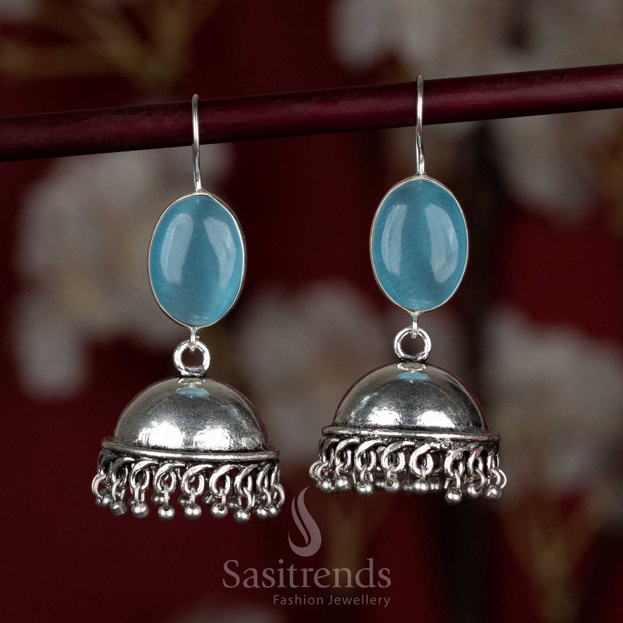 Serene sky-blue oxidised jhumka earrings with oval stone top and delicate silver beads – suited for Navaratri morning styling and peaceful looks – Sasitrends