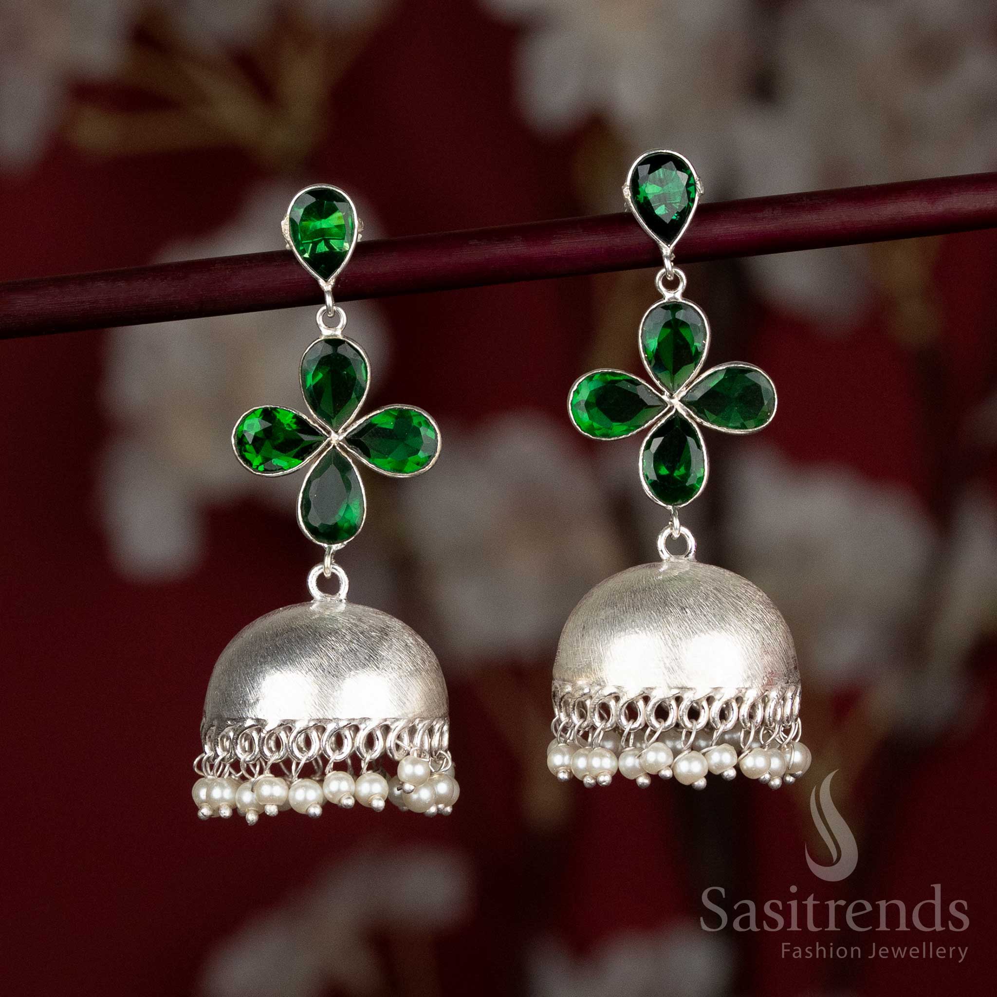 Green oxidised jhumka earrings with floral design and pearl danglers – easy to pair for daily wear and casual events – Sasitrends
