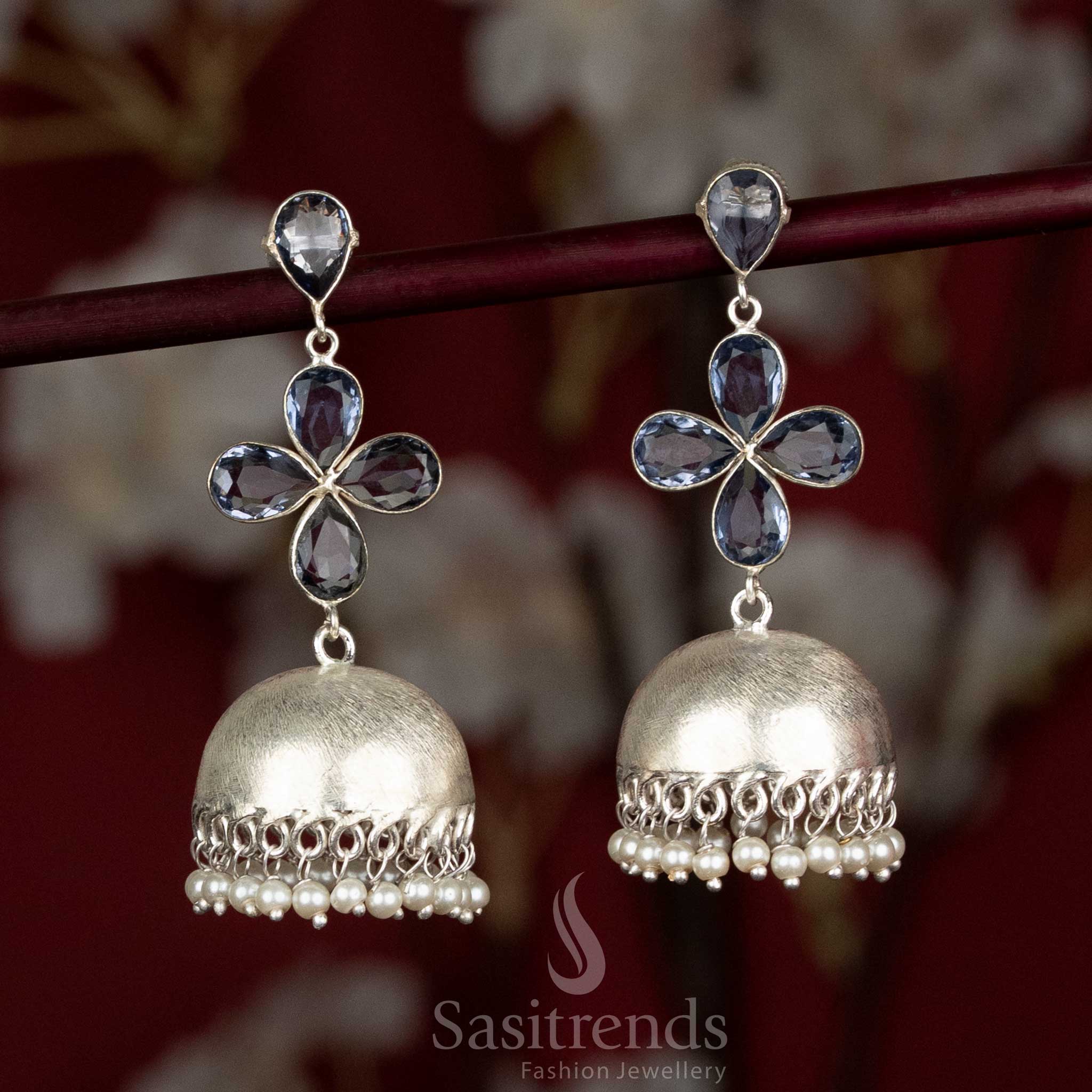 Purple oxidised jhumka earrings featuring a floral top and pearl details – lovely choice for daily wear and small gatherings – Sasitrends