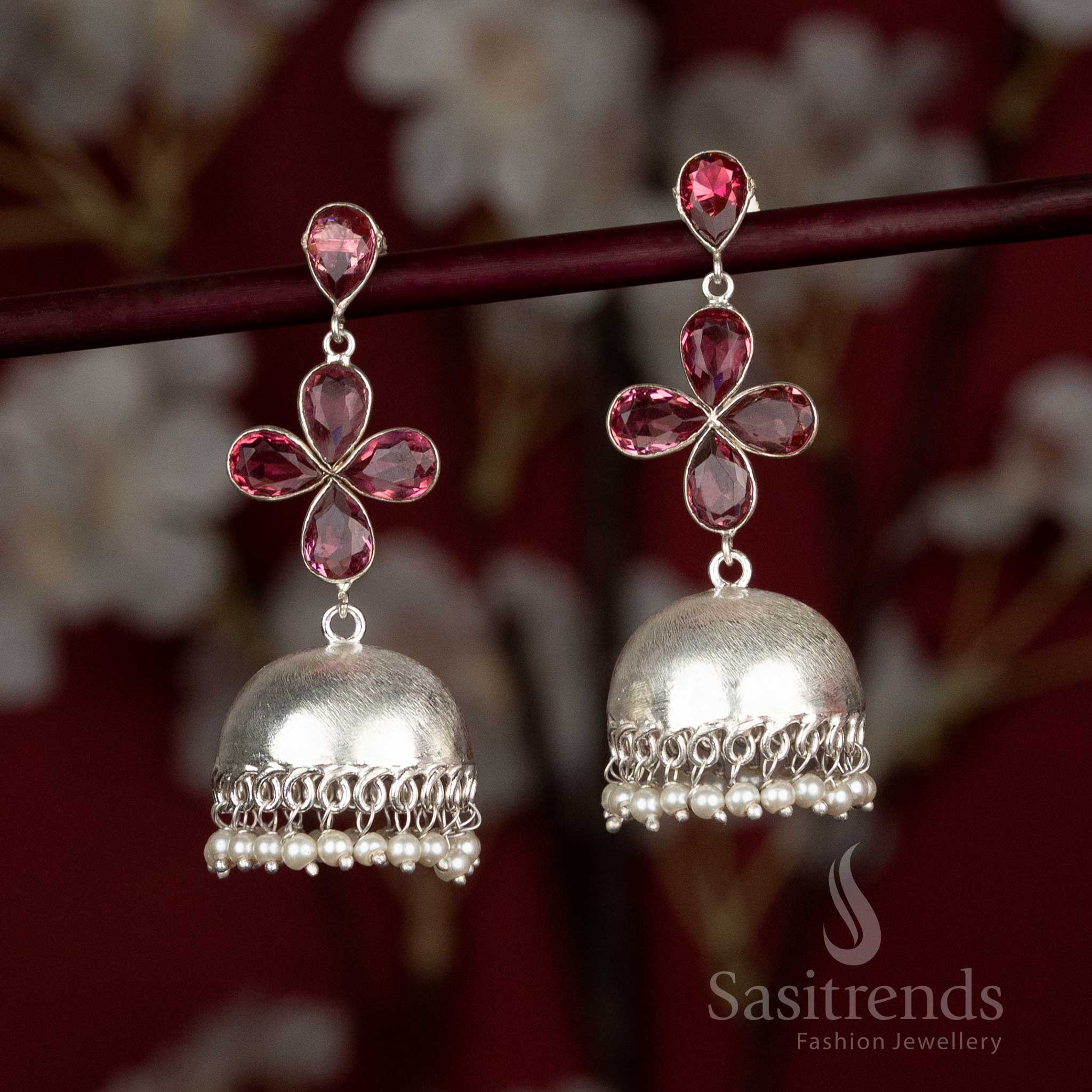 Red oxidised floral jhumka earrings with pearl beads – great pick for daily style and light ethnic dressing – Sasitrends