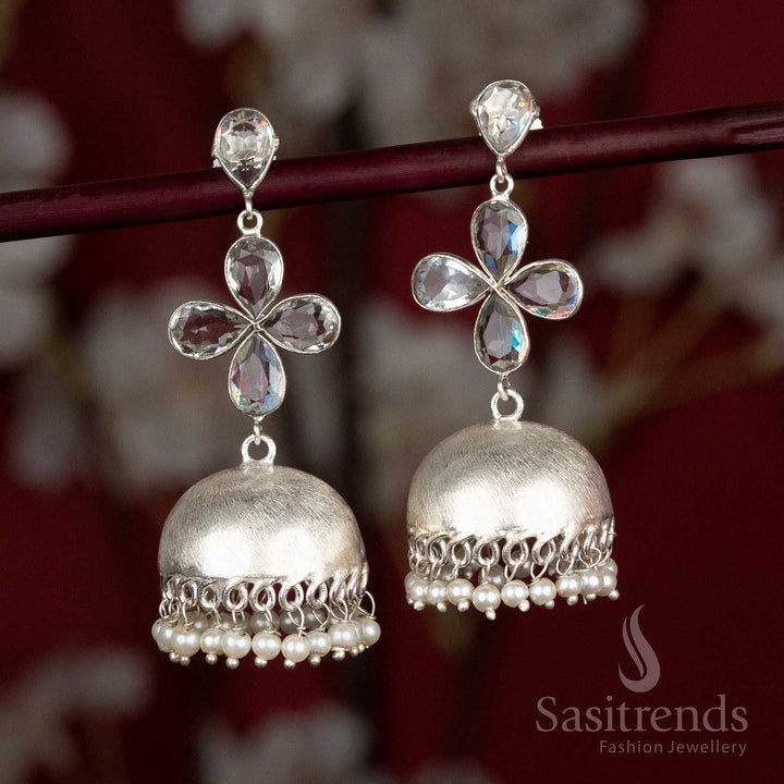 White oxidised jhumka earrings with petal top and pearls – a light accessory for formal events and simple festive moods – Sasitrends