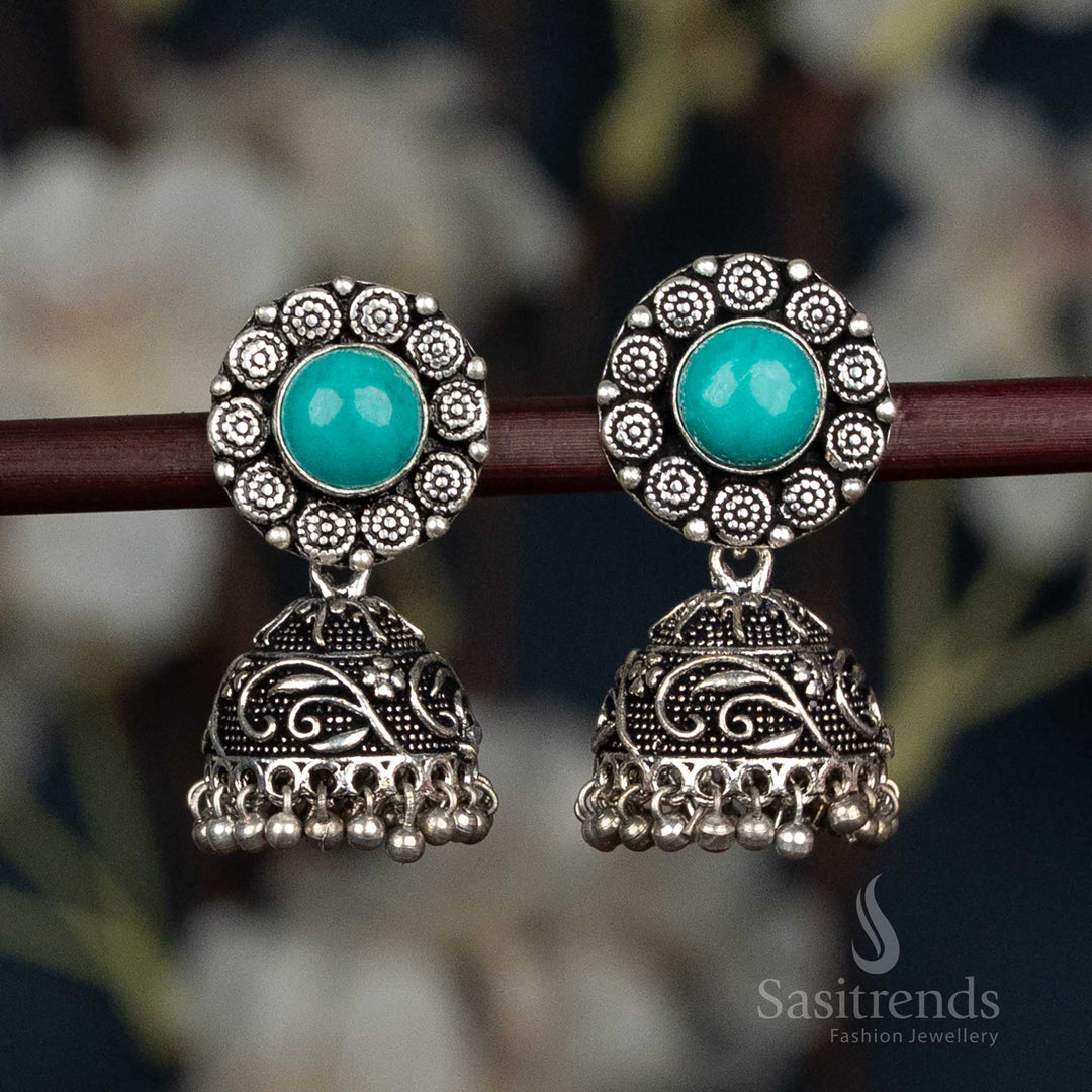 Oxidised jhumka earrings with floral design and stone stud - Sasitrends