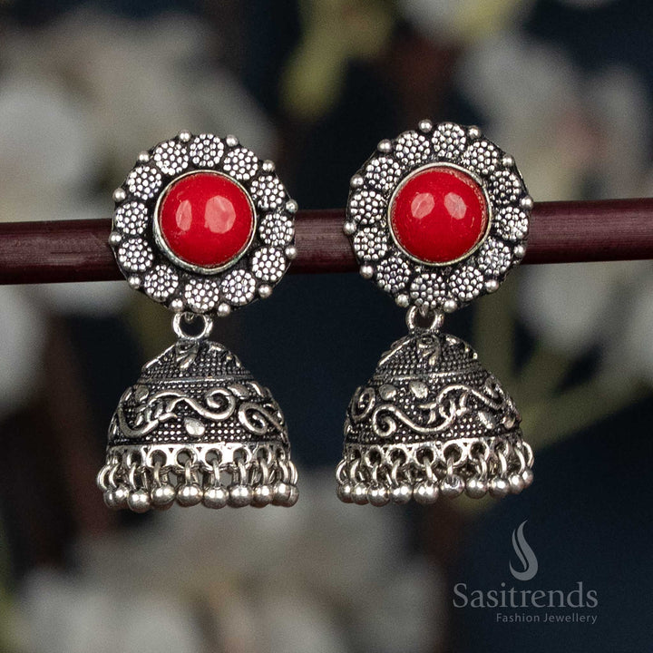 Red Oxidised jhumka earrings with floral design and stone stud - Sasitrends