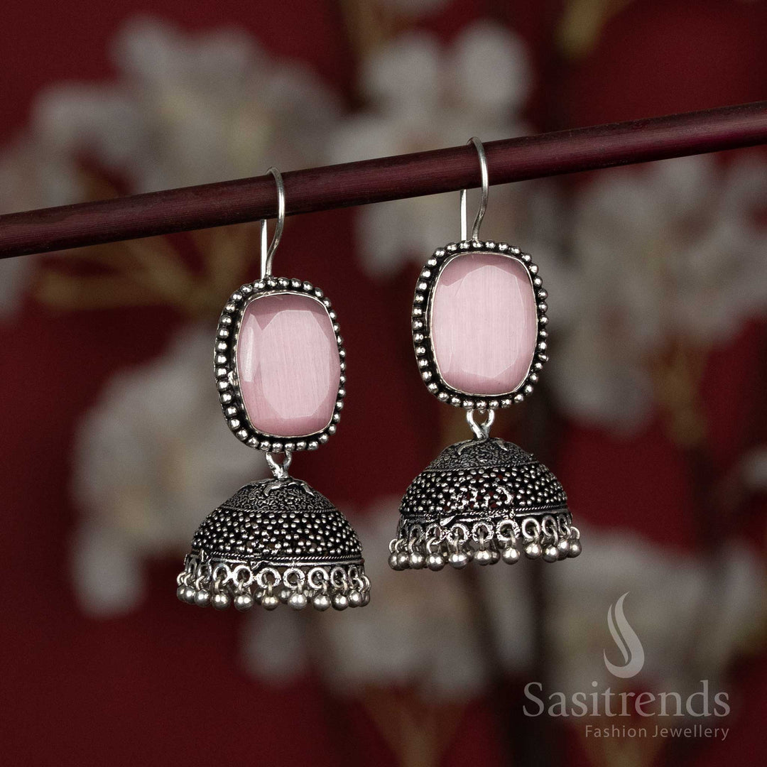 Rectangular natural stone oxidised jhumka earrings for daily wear - Sasitrends