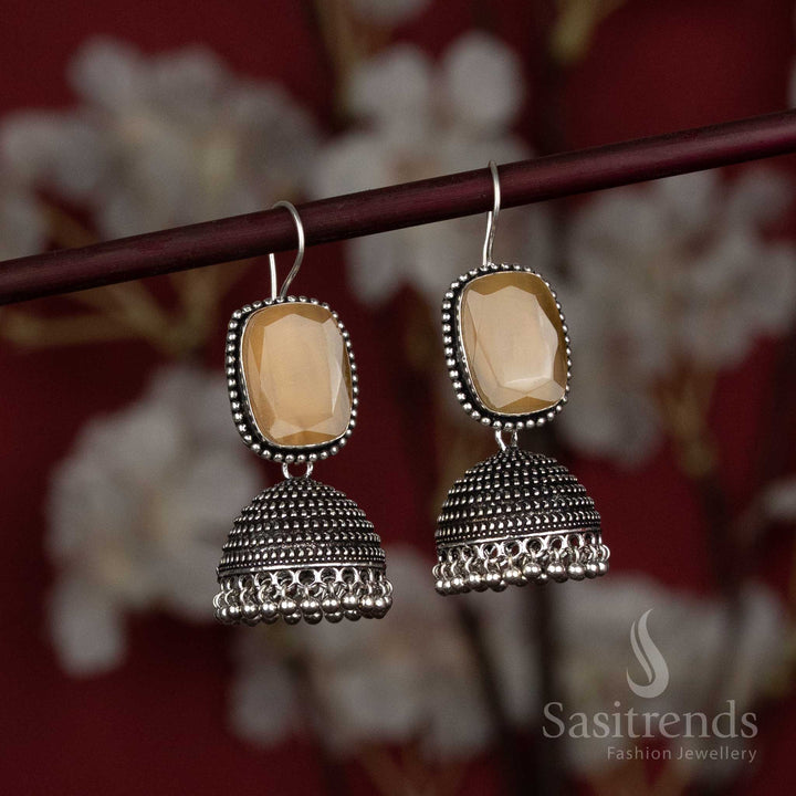 Rectangular natural stone oxidised jhumka earrings for daily wear - Sasitrends