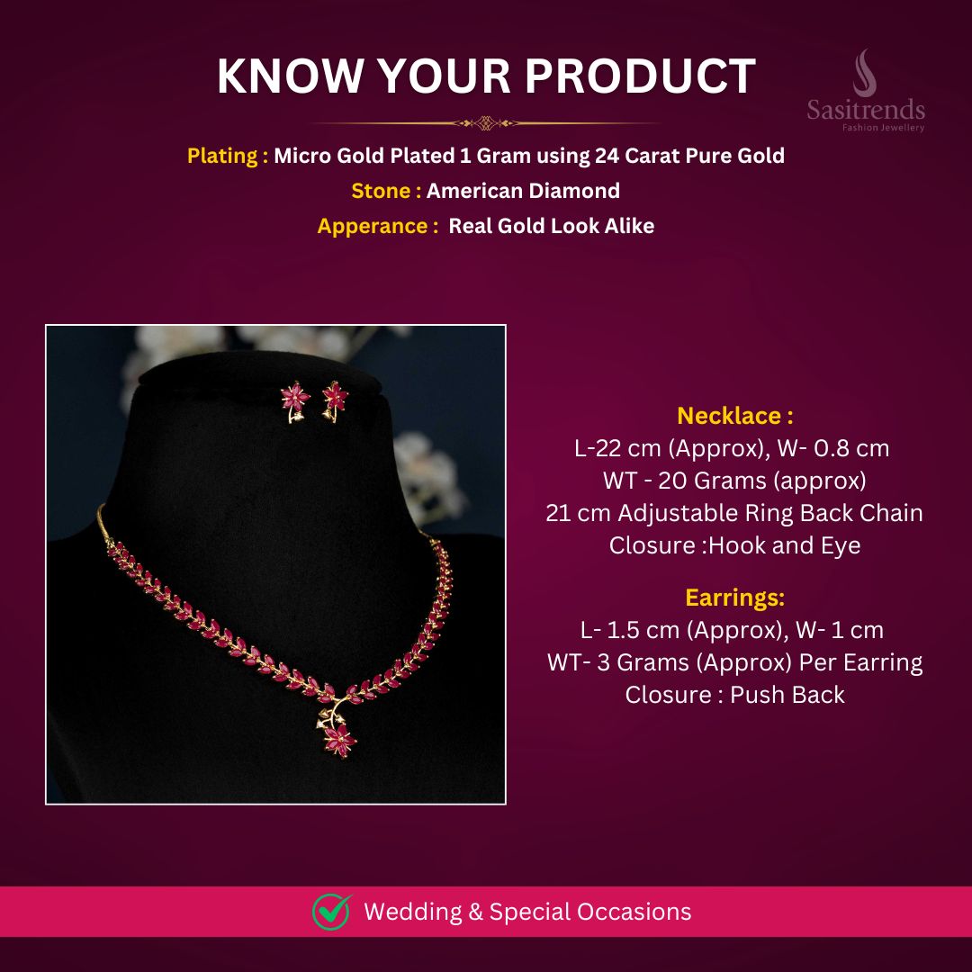 American Diamond Micro gold plated Necklace jewellery set Measurement Image - Sasitrends