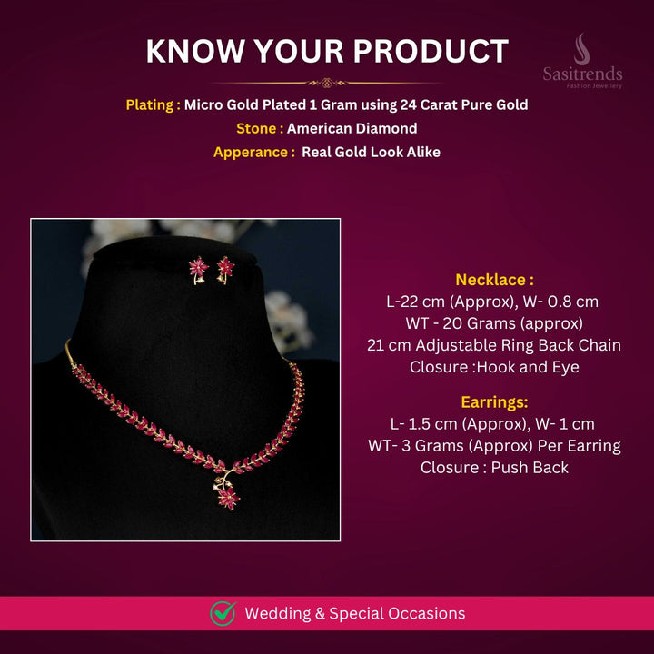 American Diamond Micro gold plated Necklace jewellery set Measurement Image - Sasitrends