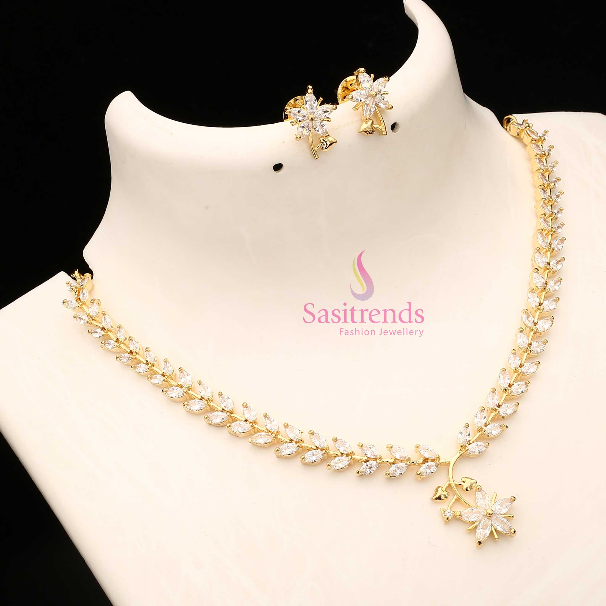 White American Diamond Leaf Design Necklace Set With Micro Gold Plating For Special Events, Ethereal Bridal Jewellery Crafted For Timeless Elegance – Sasitrends