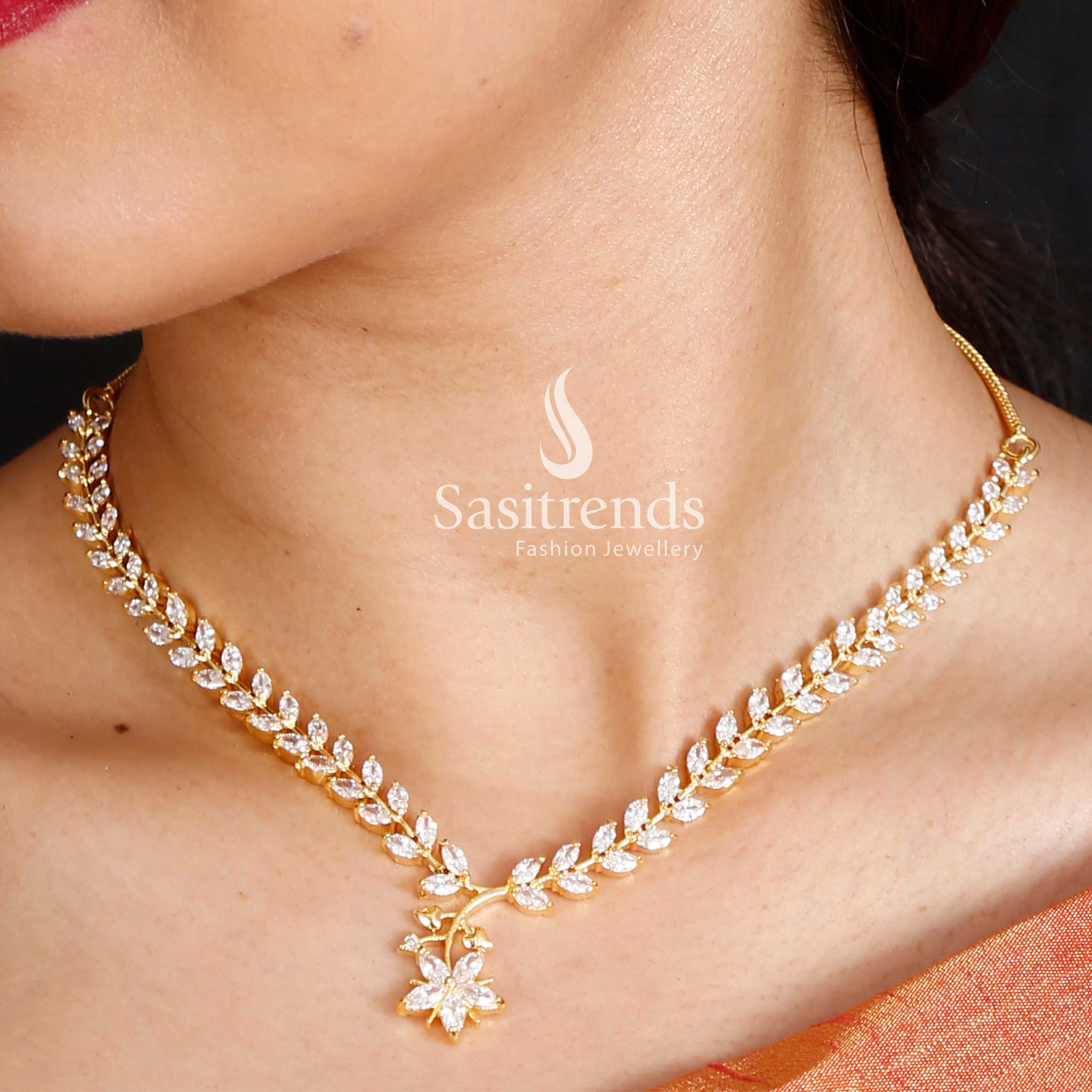Elegant American Diamond Leaf Necklace Set With Micro Gold Plating For Special Events, Model-Styled Bridal Jewellery Reflecting Grandeur And Heritage Charm – Sasitrends
