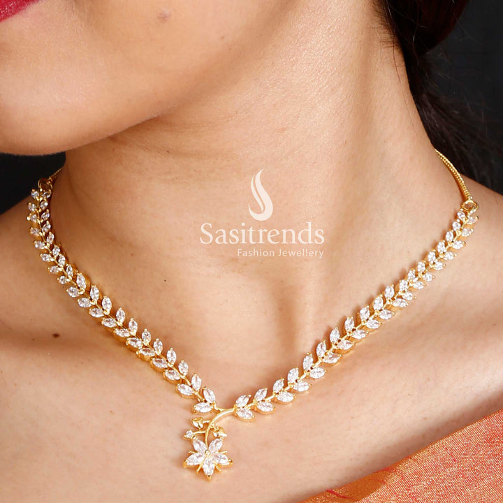 Elegant American Diamond Leaf Necklace Set With Micro Gold Plating For Special Events, Model-Styled Bridal Jewellery Reflecting Grandeur And Heritage Charm – Sasitrends