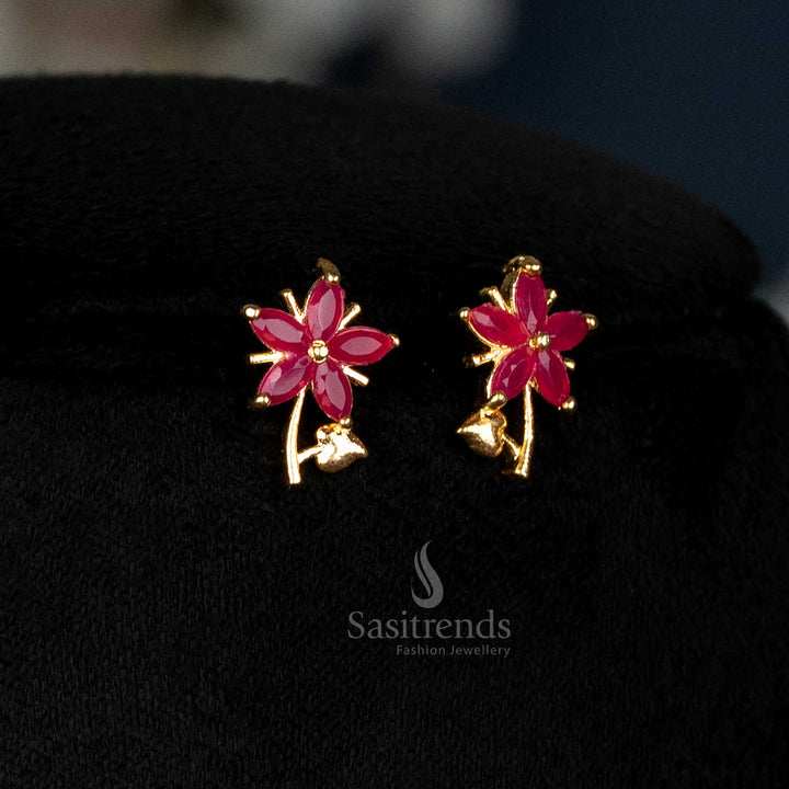 Ruby American Diamond Leaf Design Necklace Set With Micro Gold Plating, Exquisite Fusion Jewellery Designed For Festivals And Grand Events – Sasitrends
